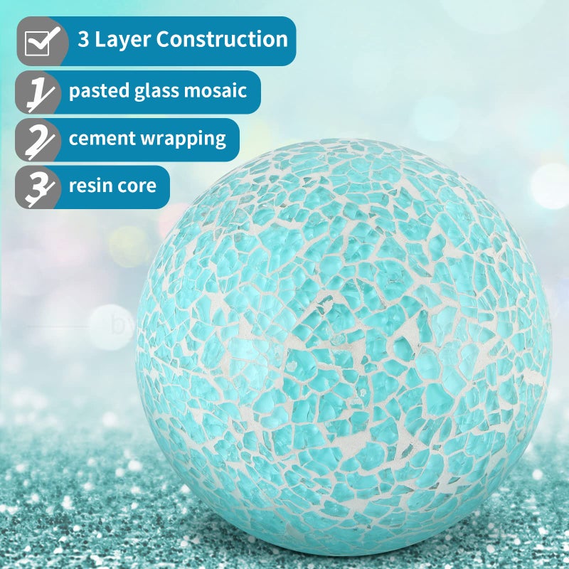 MDLUU 4" Decorative Orbs, Mosaic Sphere Balls, Centerpiece Balls for Bowls, Vases, Dining Table Decor, Pack of 3 (Teal Blue) - Image 4